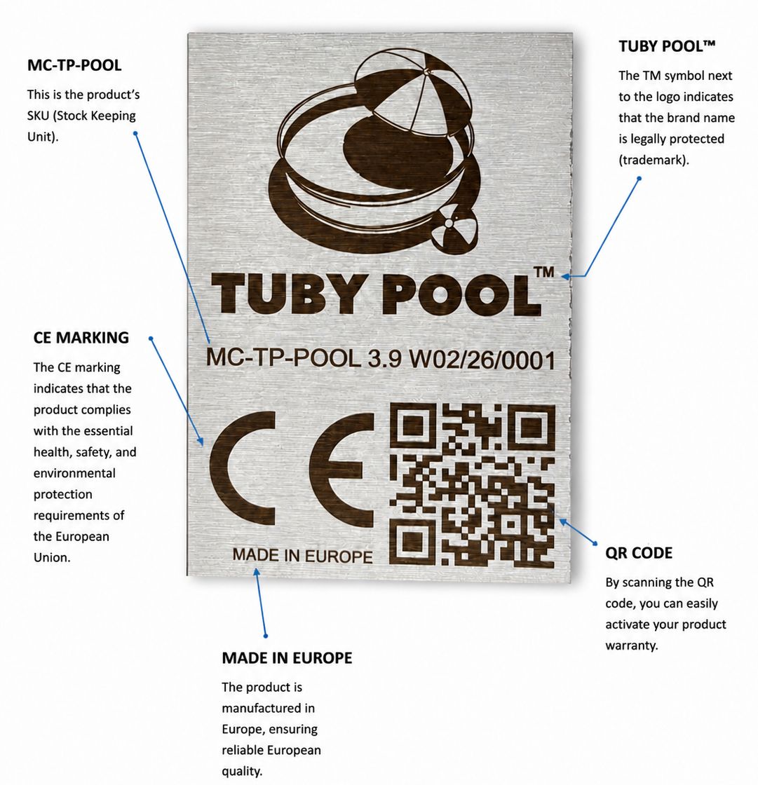 TUBY POOL product label showing SKU, CE marking, and the warranty activation QR code